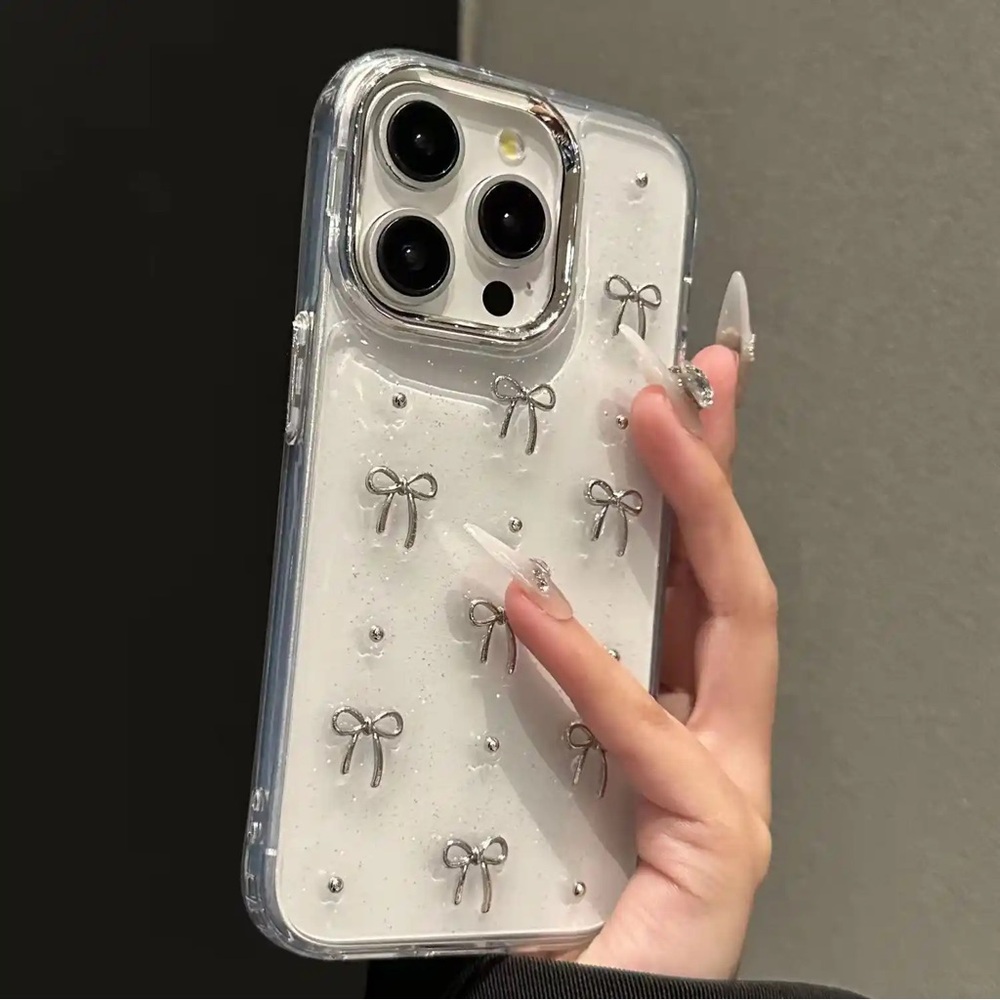 Clear White Glitter Bow iPhone Case with Silver Accents